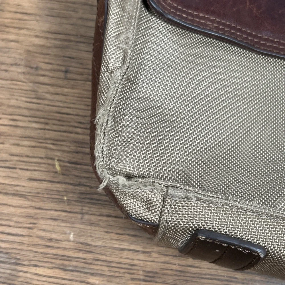 Fossil Messenger Bag Men's Green Brown Nylon Leather Case Carry Distressed
